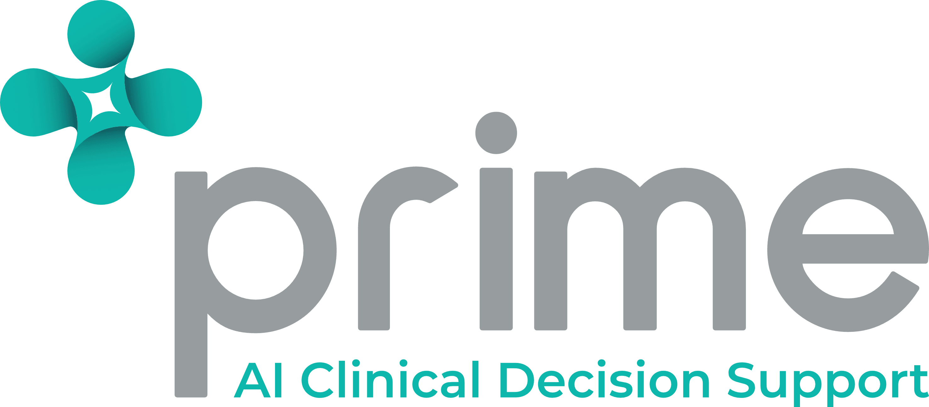Prime logo with a teal abstract star-like symbol above the grey text 'prime' and tagline 'AI Clinical Decision Support' in teal below.